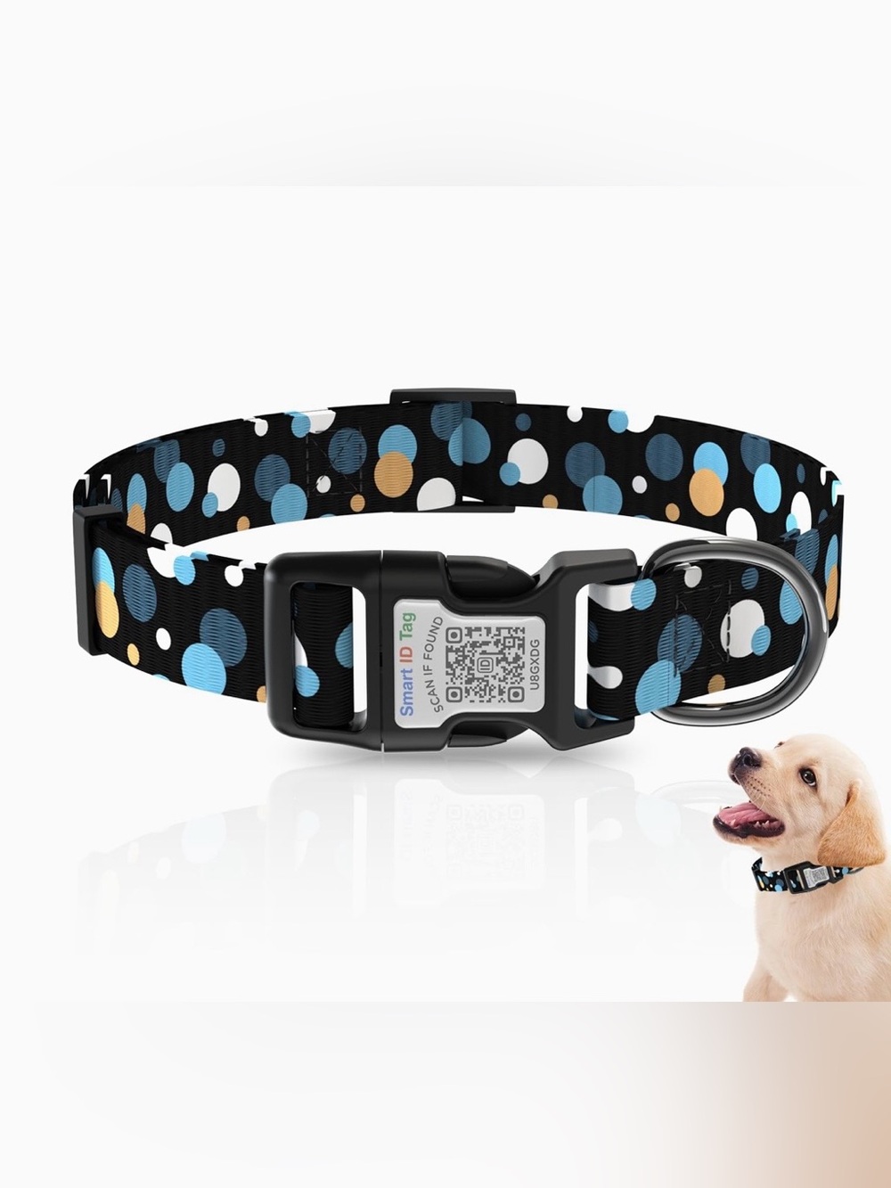Smart ID Tag Polka Dot Dog Collar - Black with Blue, White & Tan Dots